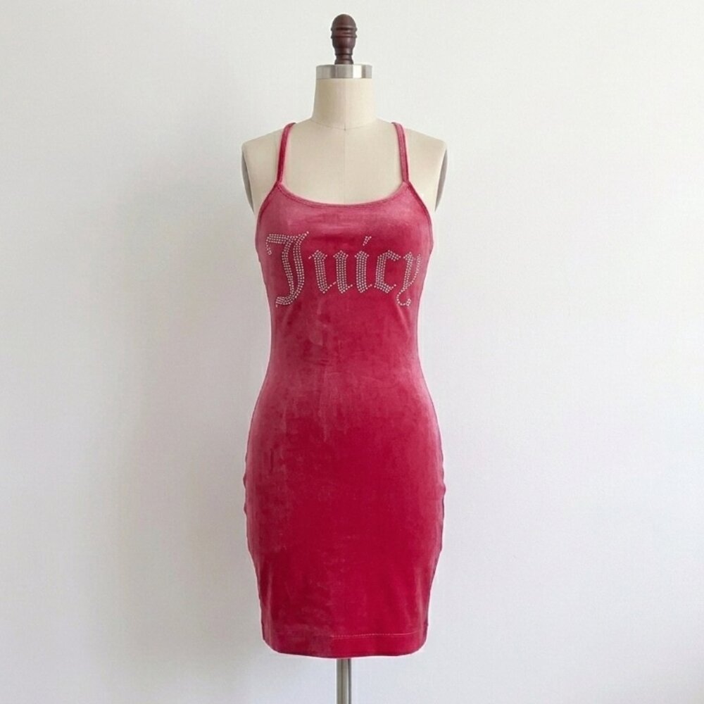 SOLD Juicy Couture Velour Dress Strappy Coral Pink Velvet Mini Bodycon Bling